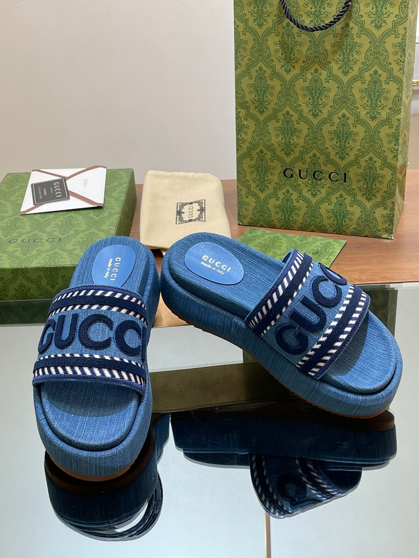 BLUE DENIM LOGO PLATFORM SLIDE SANDALS