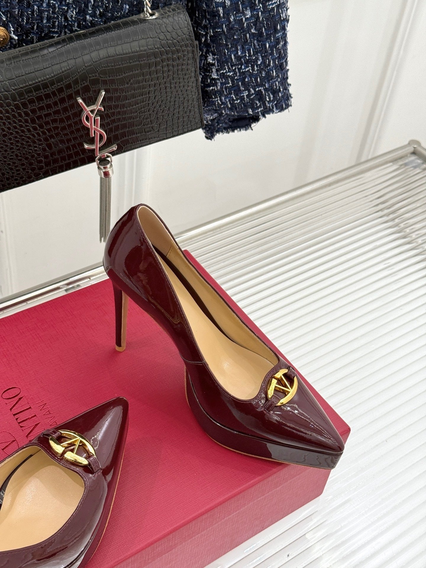 BURGUNDY PATENT PLATFORM STILETTO HEELS WITH GOLD DETAIL
