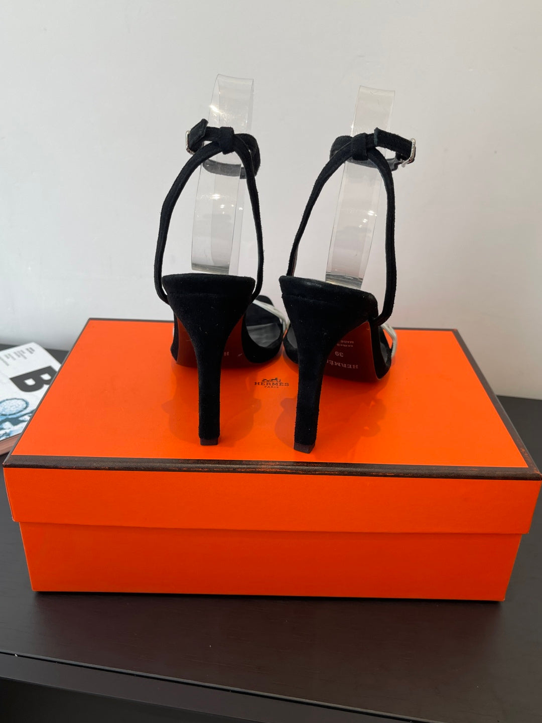 BLACK SUEDE ANKLE STRAP HIGH HEEL SANDALS