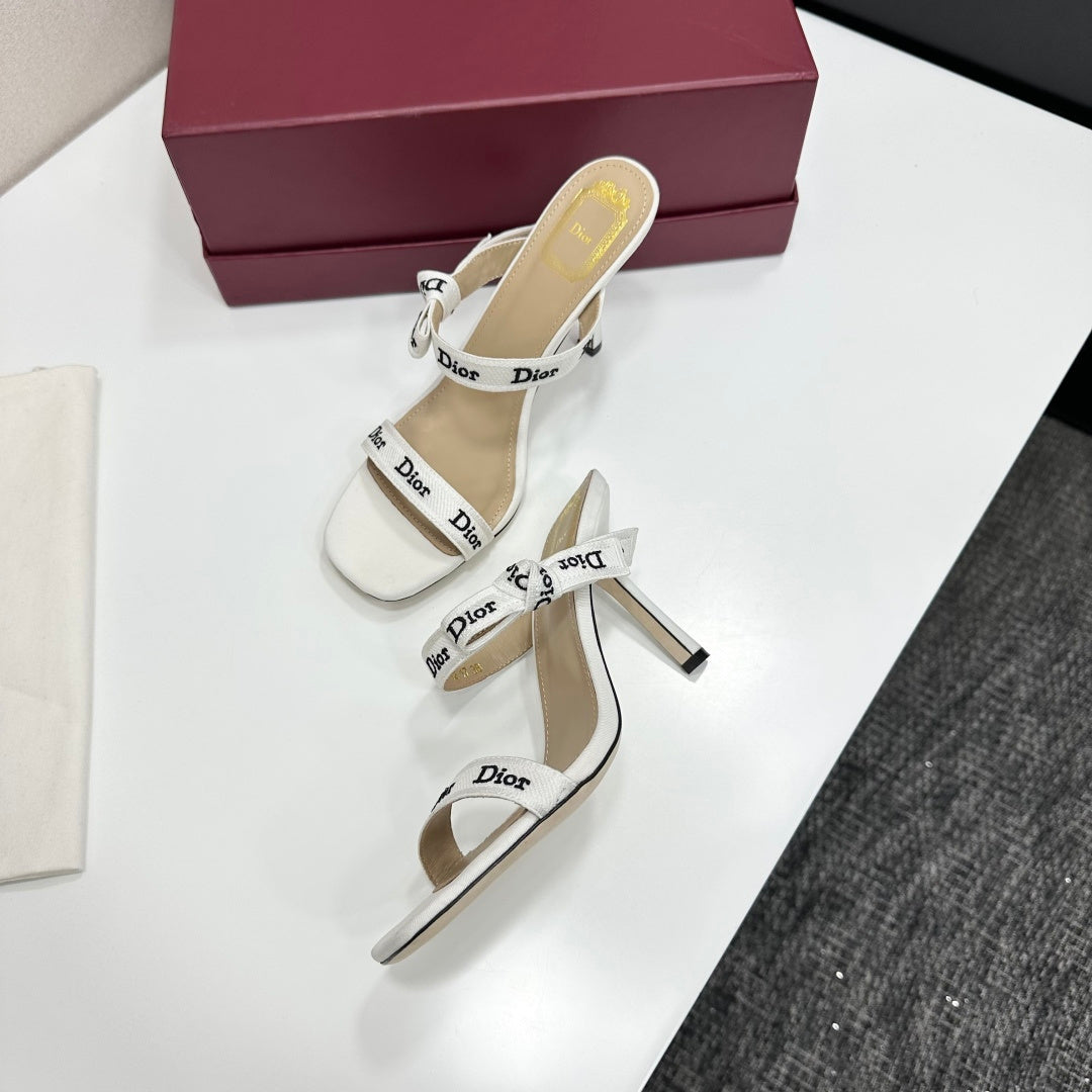 CRISP WHITE LOGO STRAP STILETTO SANDALS