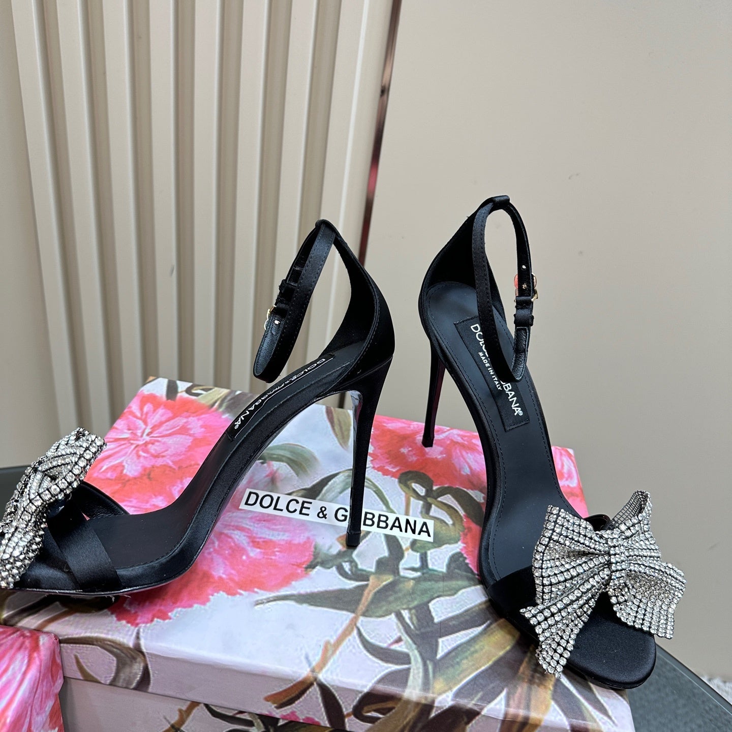 BLACK SATIN CRYSTAL BOW STILETTO HEELS