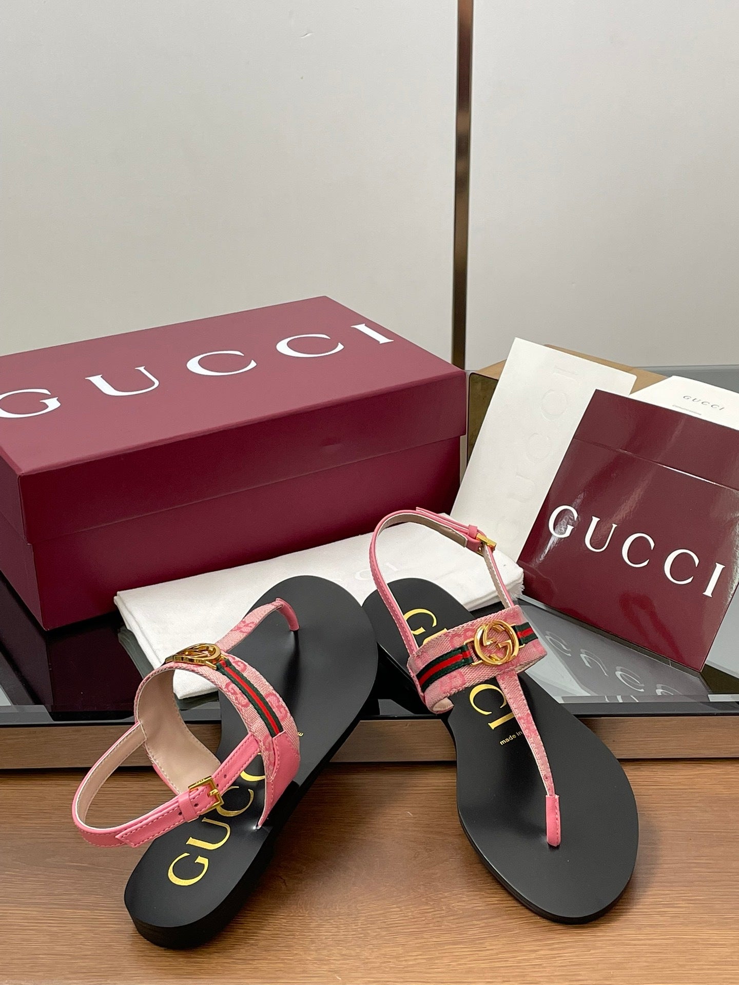 PINK WEB STRIPE LOGO THONG SANDALS