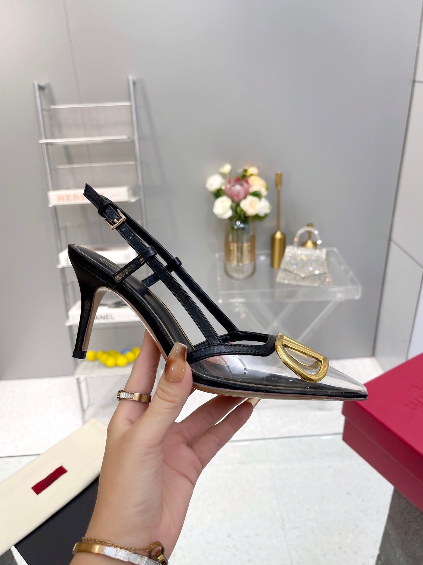 CLEAR SLINGBACK HEELS – CLASSIC BLACK WITH GOLD LOGO DETAIL