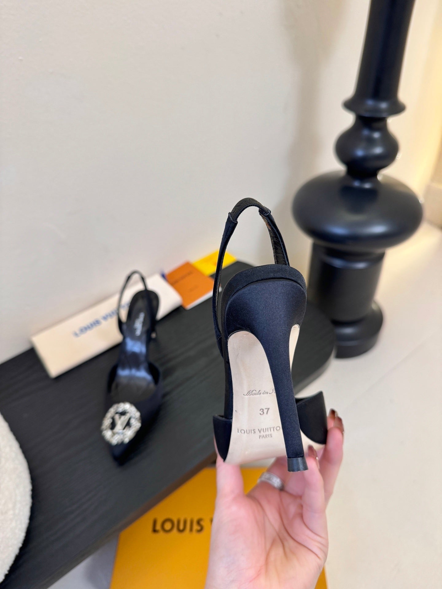 BLACK EMBELLISHED POINTED SLINGBACK HEELS