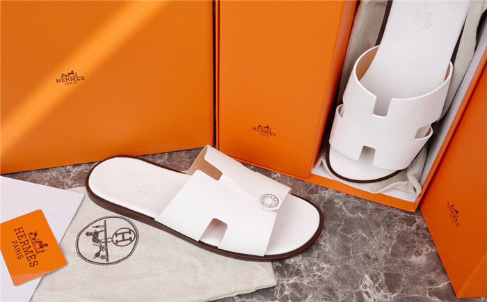 CRISP WHITE H-CUT LEATHER SLIDE SANDALS