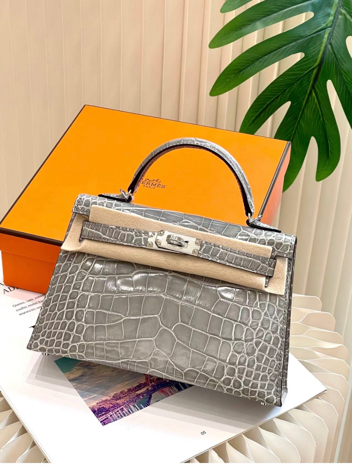 TAUPE CROCODILE EMBOSSED MINI TOP HANDLE HANDBAG WITH GOLD HARDWARE