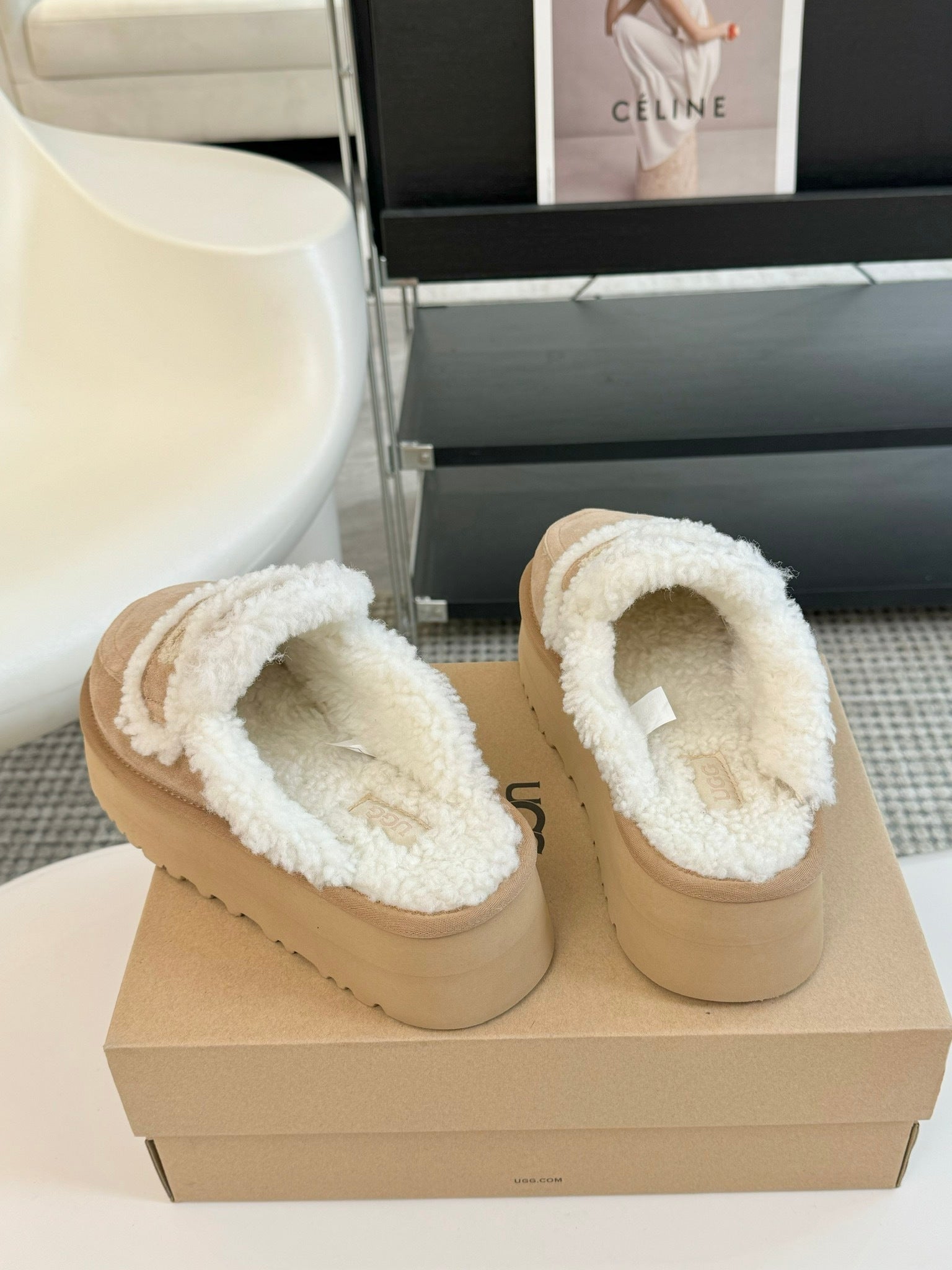 PLATFORM SHEARLING STRAP SLIPPERS