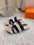 BLACK FAUX SHEARLING SLIDES WITH ADJUSTABLE COMFORT FIT