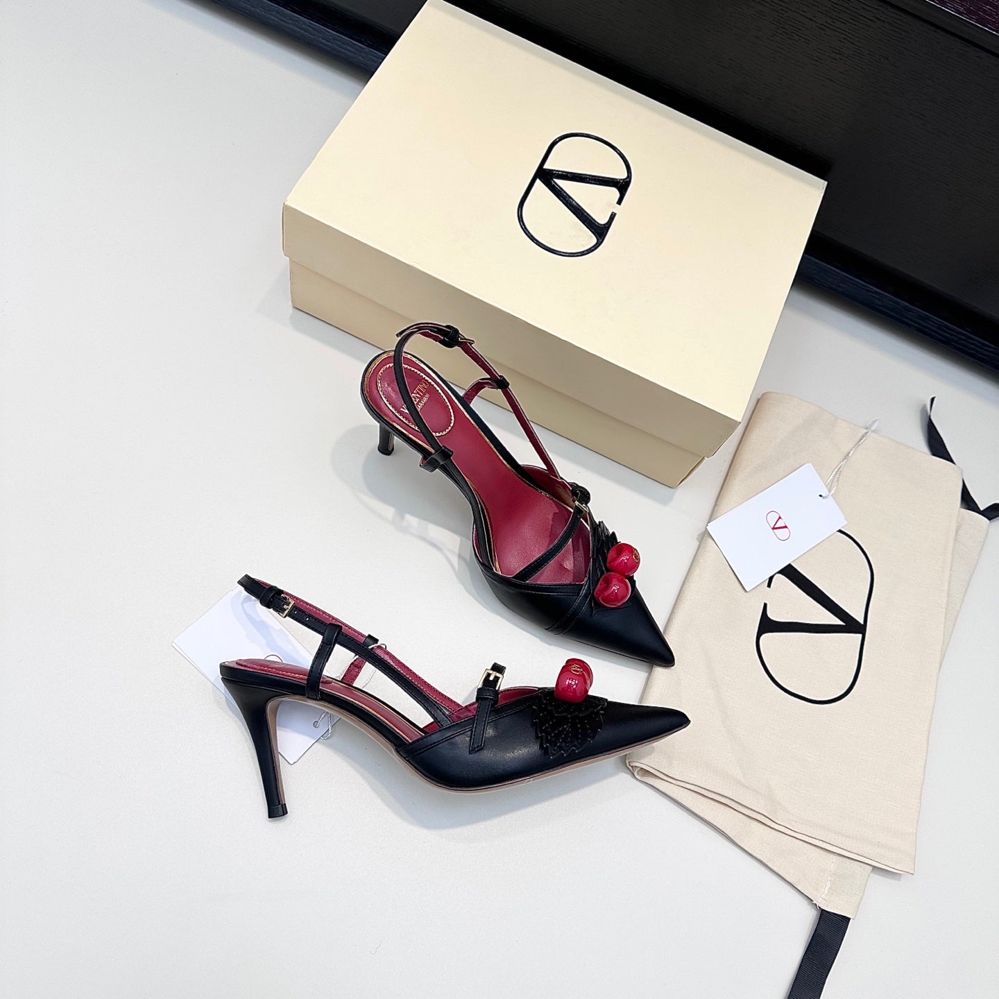 CHERRY EMBELLISHED T-STRAP POINTED HEEL PUMPS – BLACK