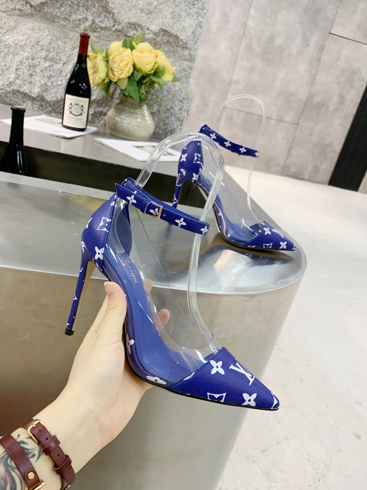 CLEAR PANEL MONOGRAM STILETTO HEELS