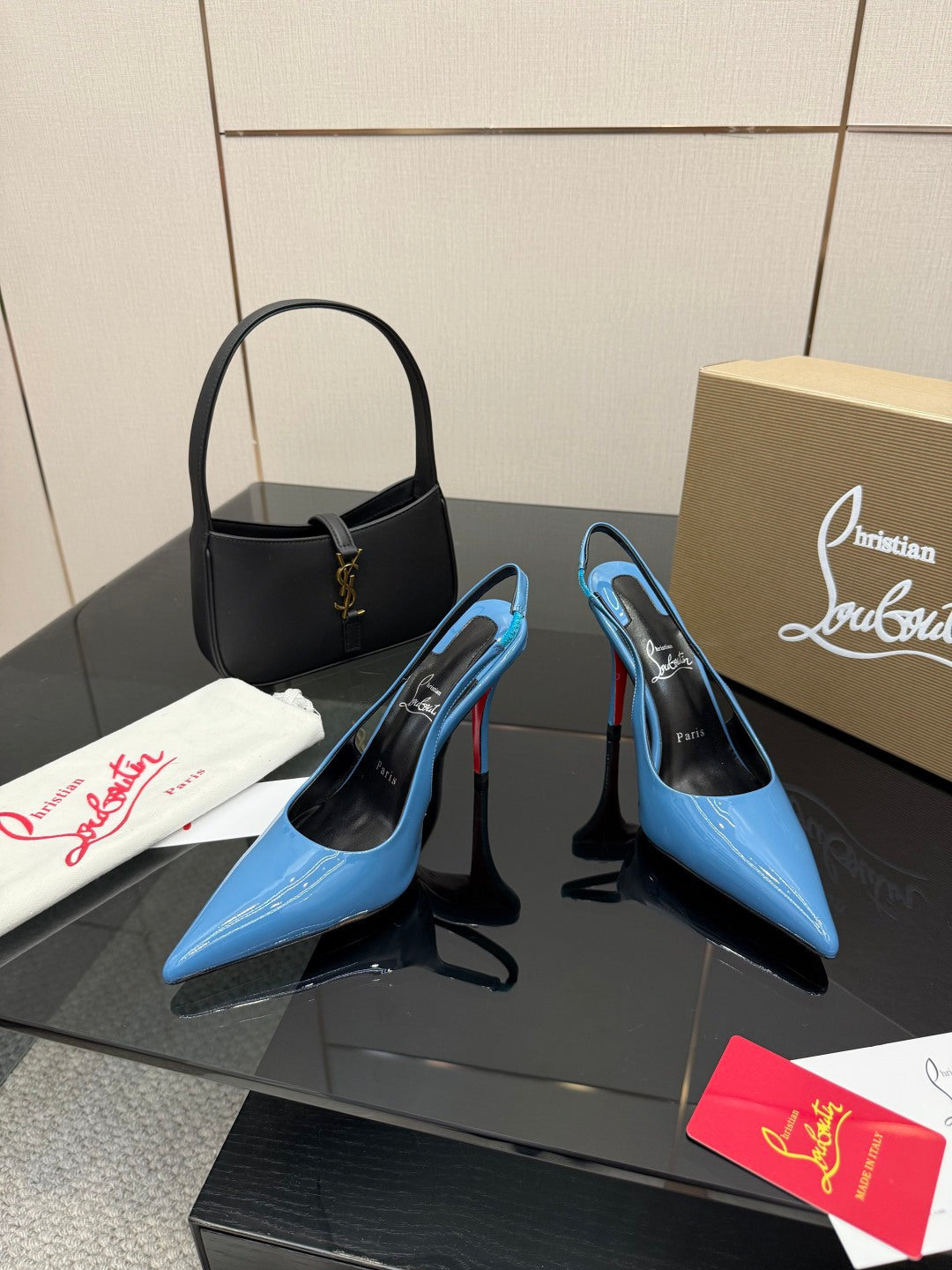 BLUE PATENT SLINGBACK POINTED HEELS