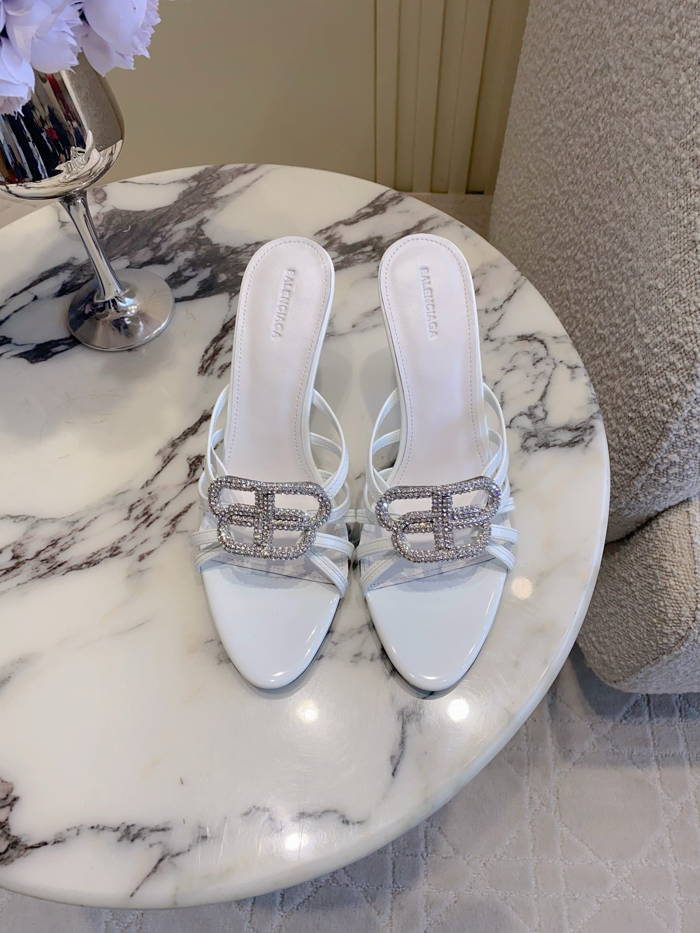 CRYSTAL EMBELLISHED WHITE STRAPPY HEELS