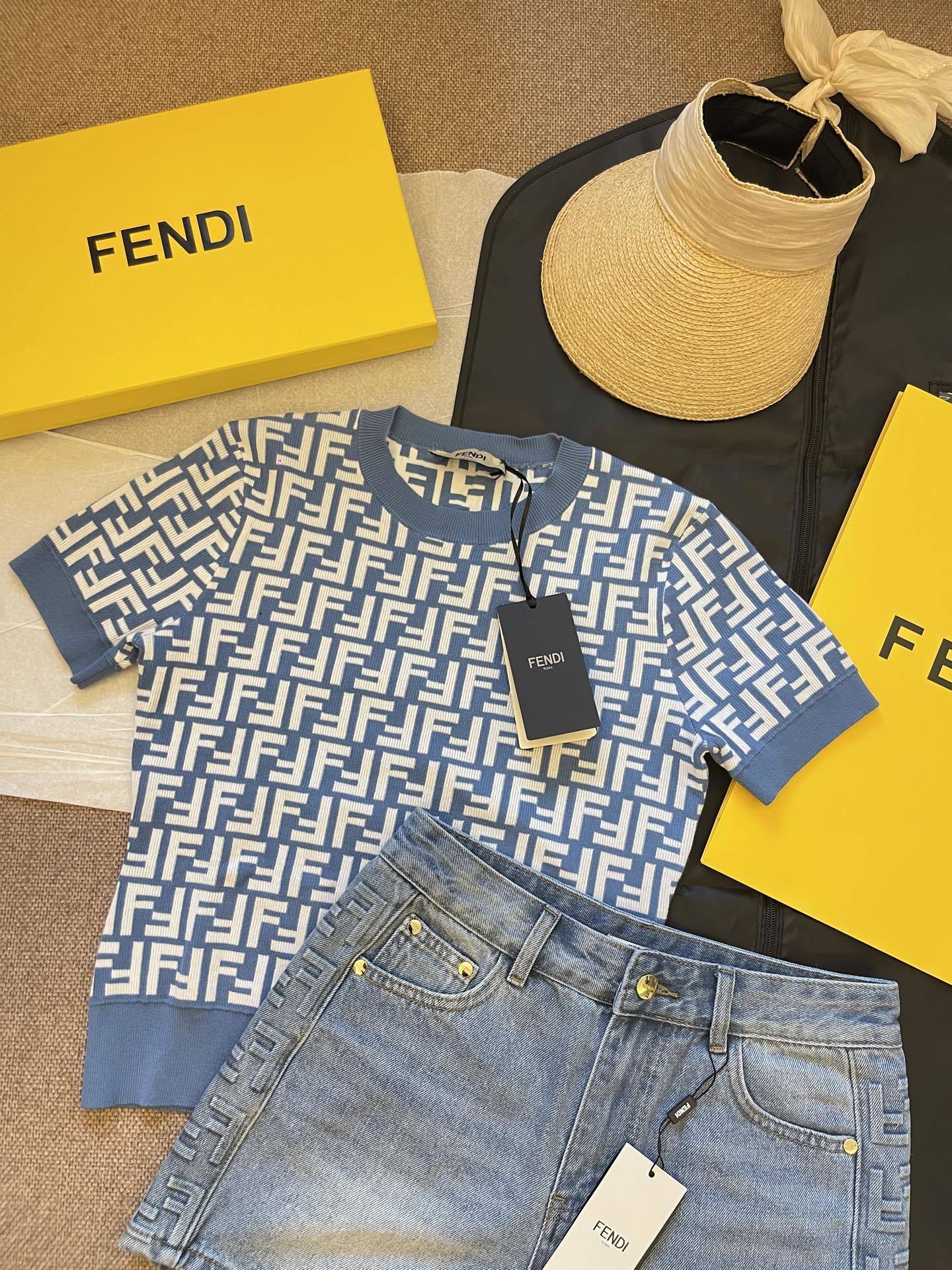 FENDI MONOGRAM KNIT TOP & DENIM SHORT SET