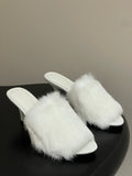 WHITE FUR STRAP MULE HEELS