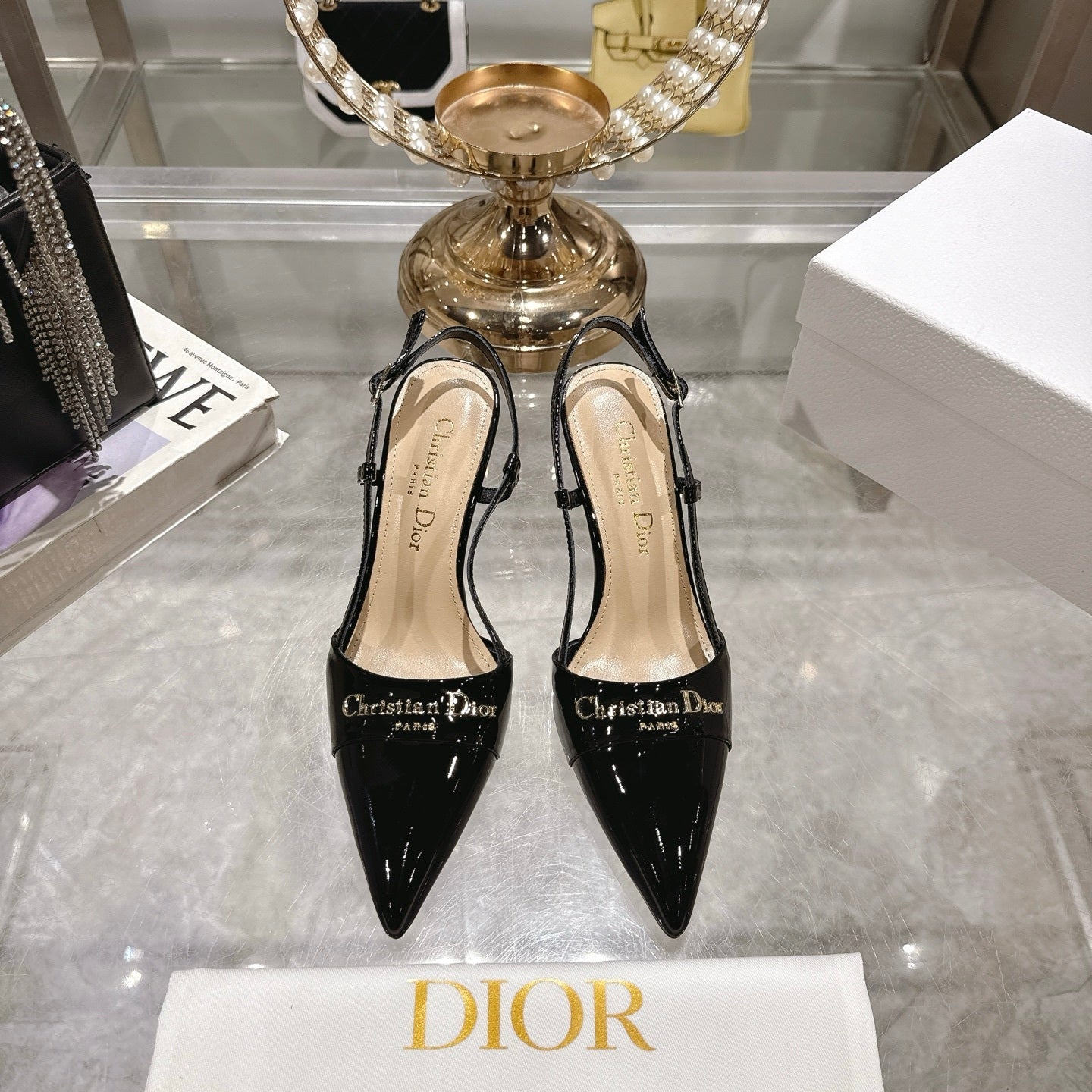 PATENT SLINGBACK KITTEN HEELS – BLACK