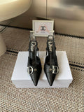 BLACK BUCKLE POINTED SLINGBACK HEELS