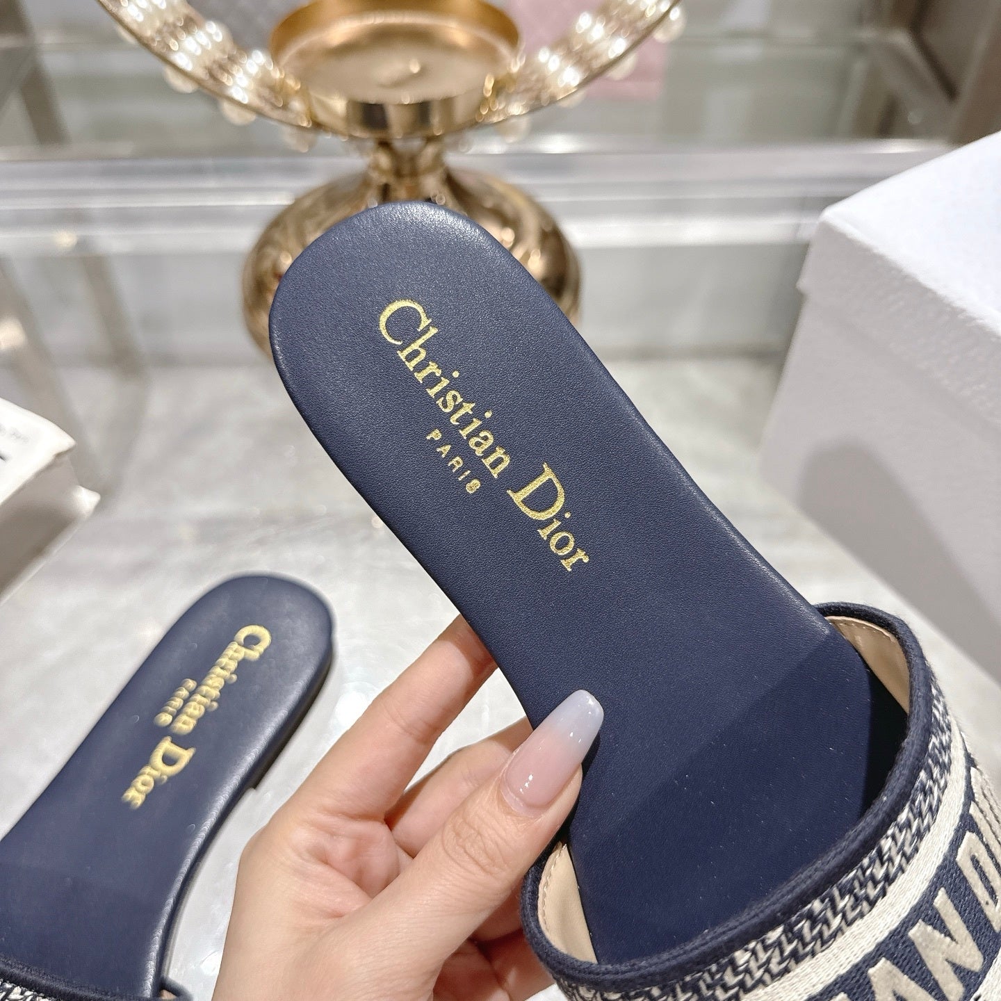 LOGO JACQUARD FLAT SLIDES – NAVY