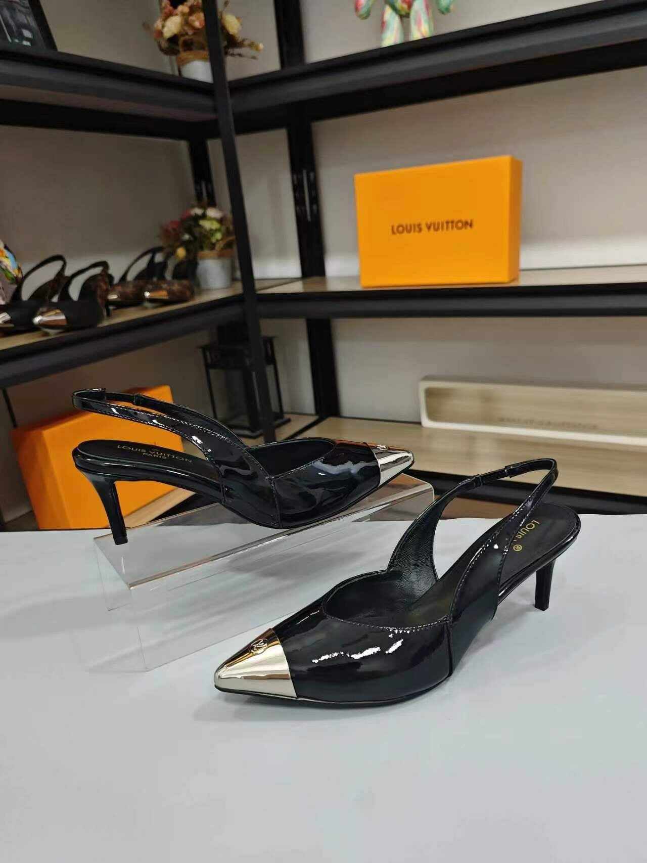 BLACK PATENT SLINGBACK HEELS WITH METAL TOE CAP