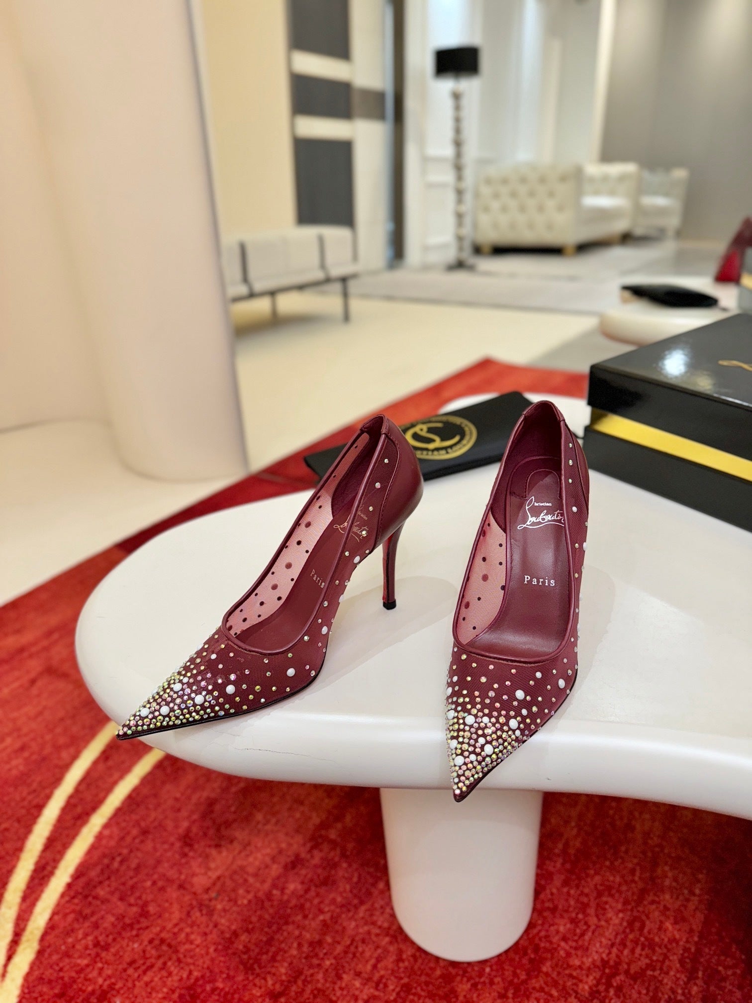BURGUNDY RHINESTONE MESH PUMPS