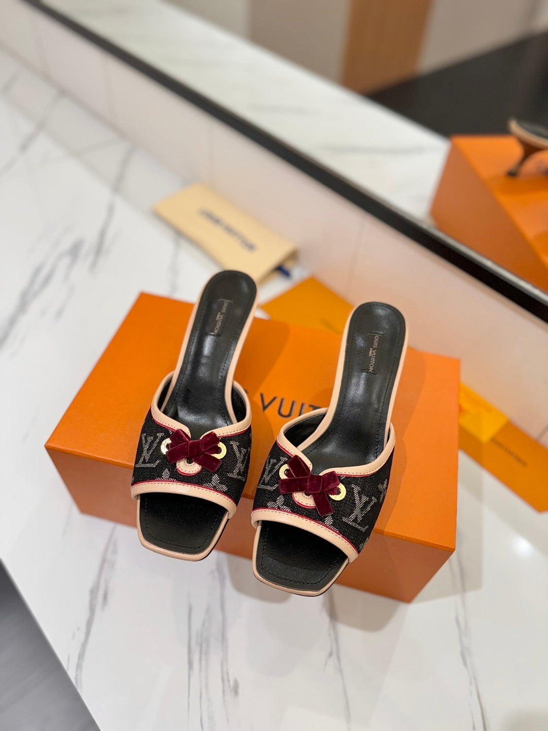 BLACK MONOGRAM DENIM MULE SANDALS WITH VELVET BOW