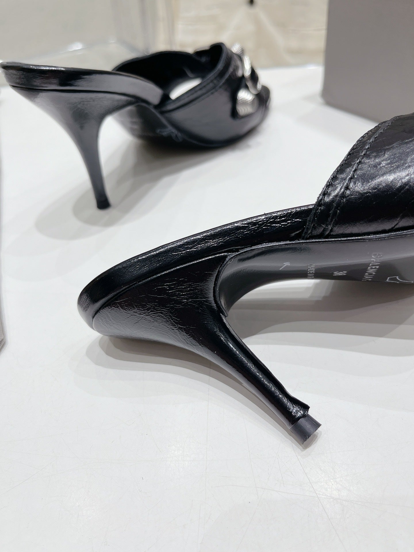BLACK EMBELLISHED MID HEEL MULE SANDALS