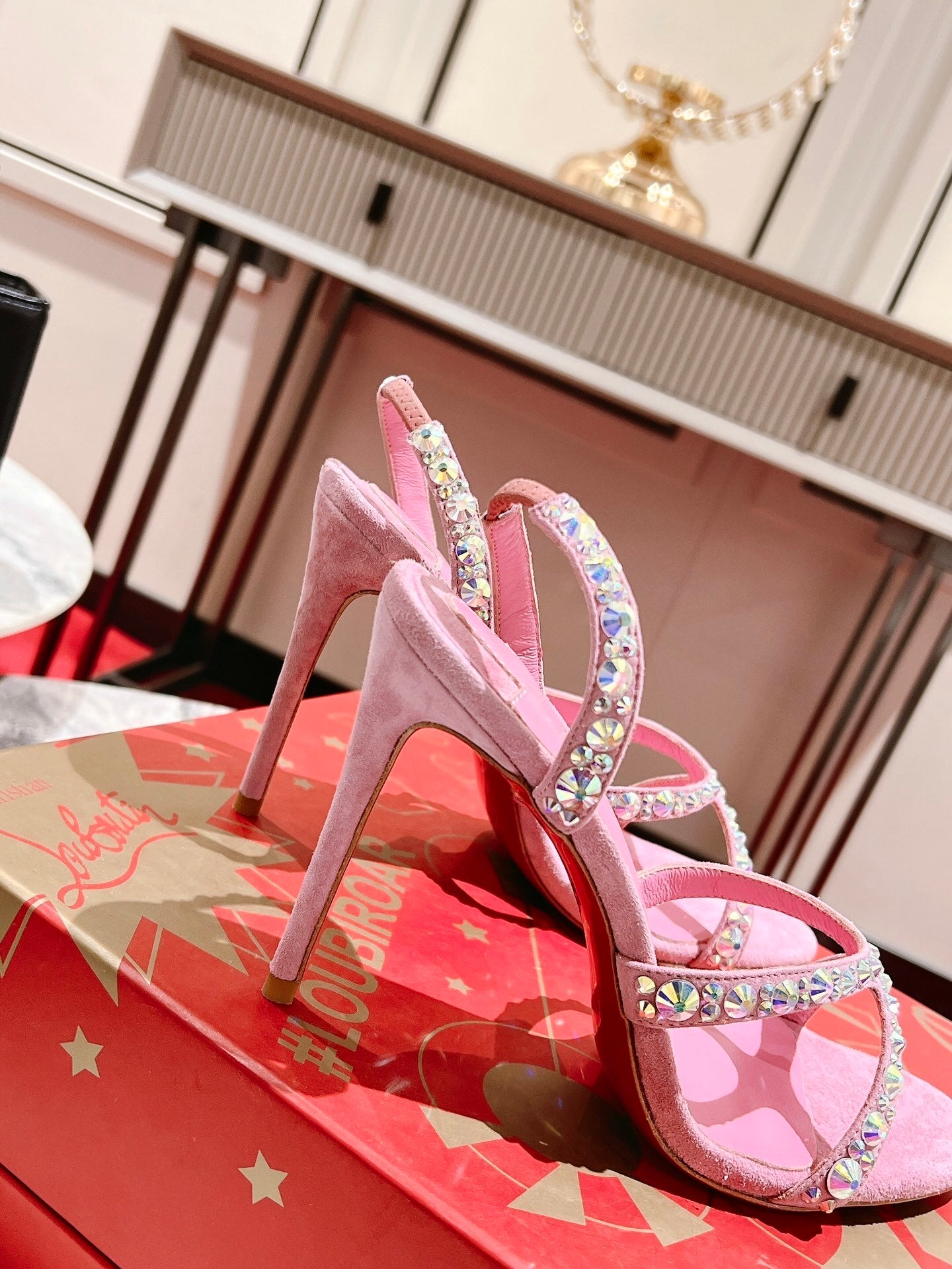 PINK SUEDE RHINESTONE-STRAP SANDAL HEELS