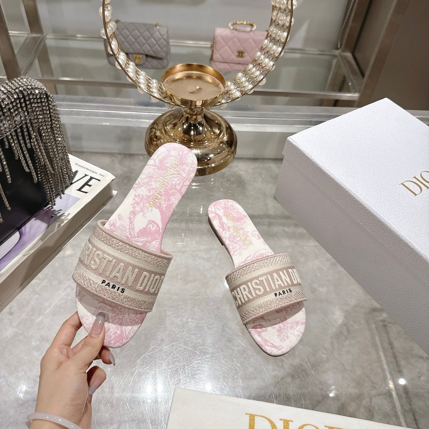 TOILE PRINT LOGO FLAT SLIDES – BLUSH PINK