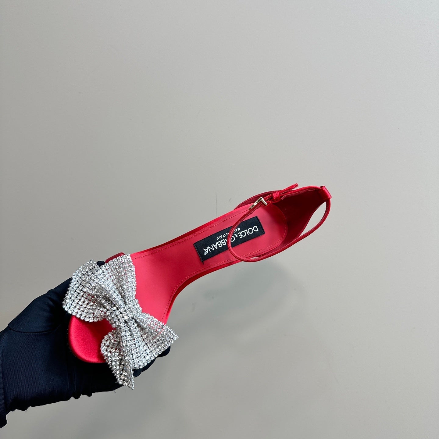 RED SATIN BOW CRYSTAL-EMBELLISHED STILETTO HEELS