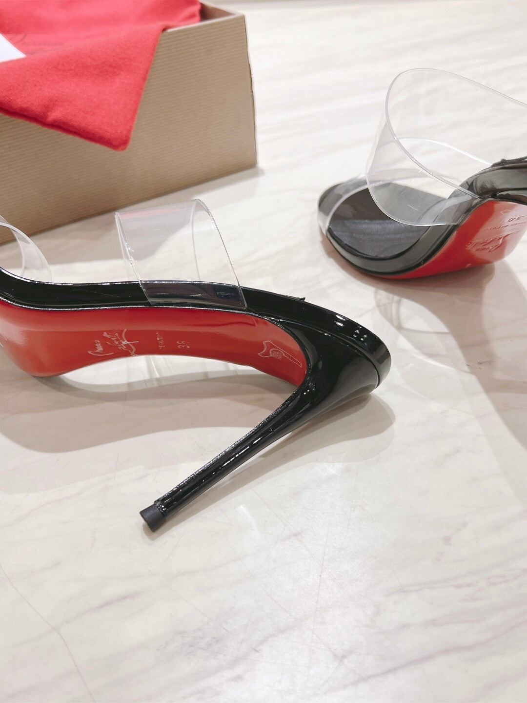 BLACK CLEAR STRAP MULE HEELS