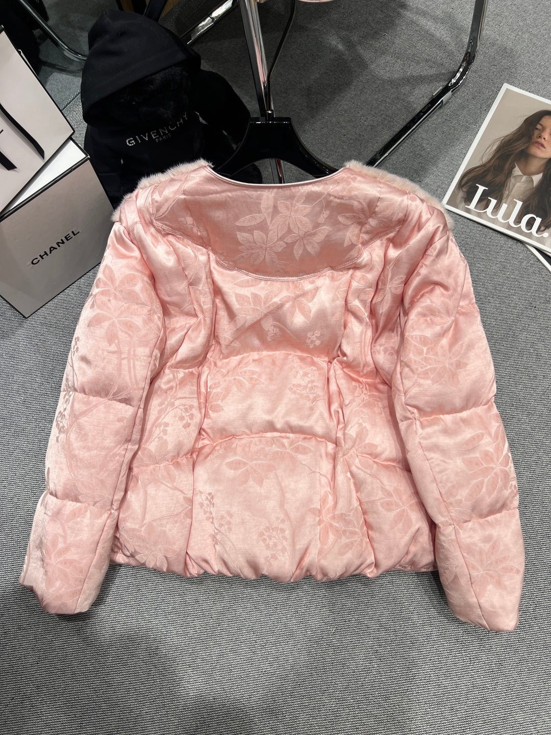 BLUSH PINK EMBROIDERED PUFFER JACKET WITH FUR TRIM