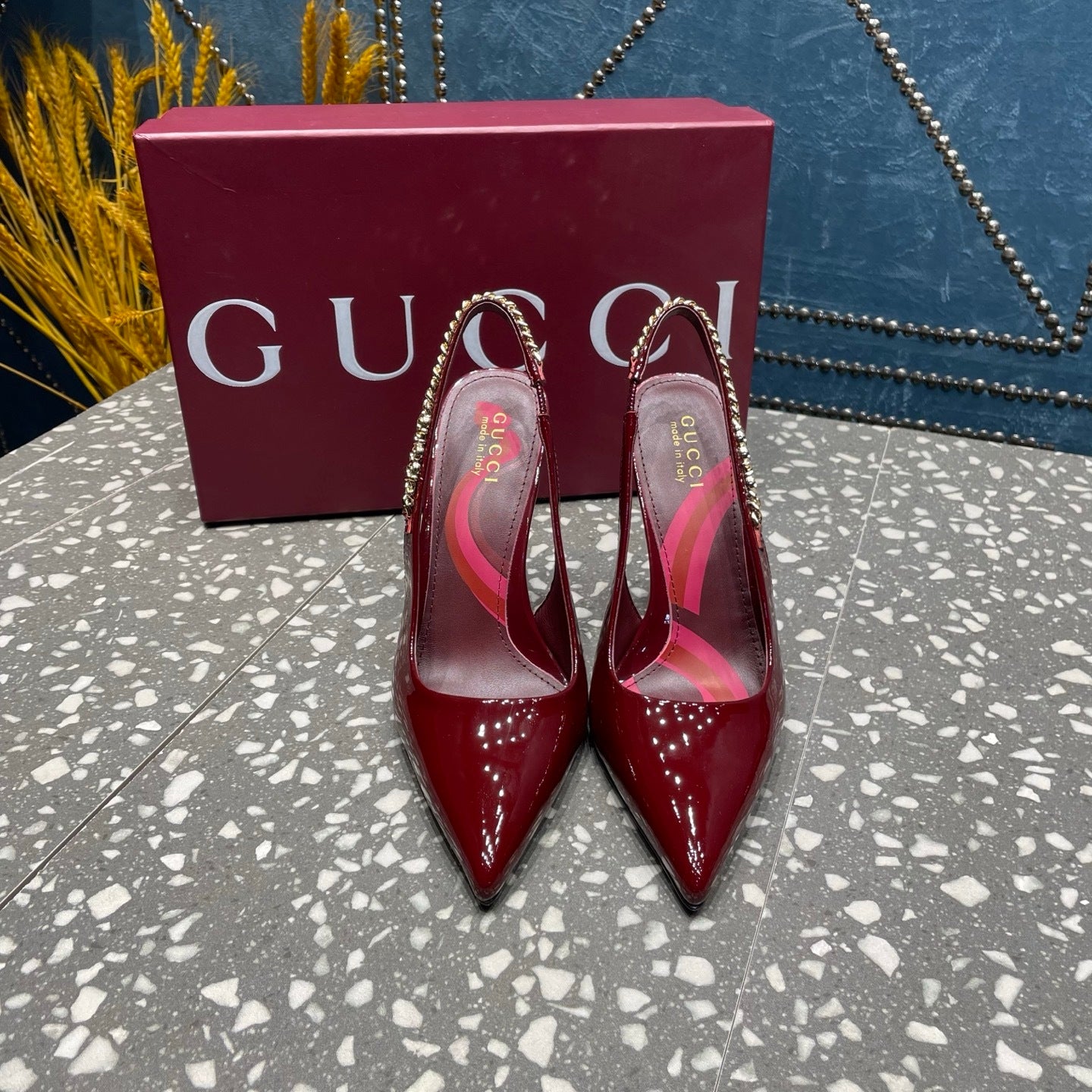 BURGUNDY PATENT CHAIN SLINGBACK PUMPS