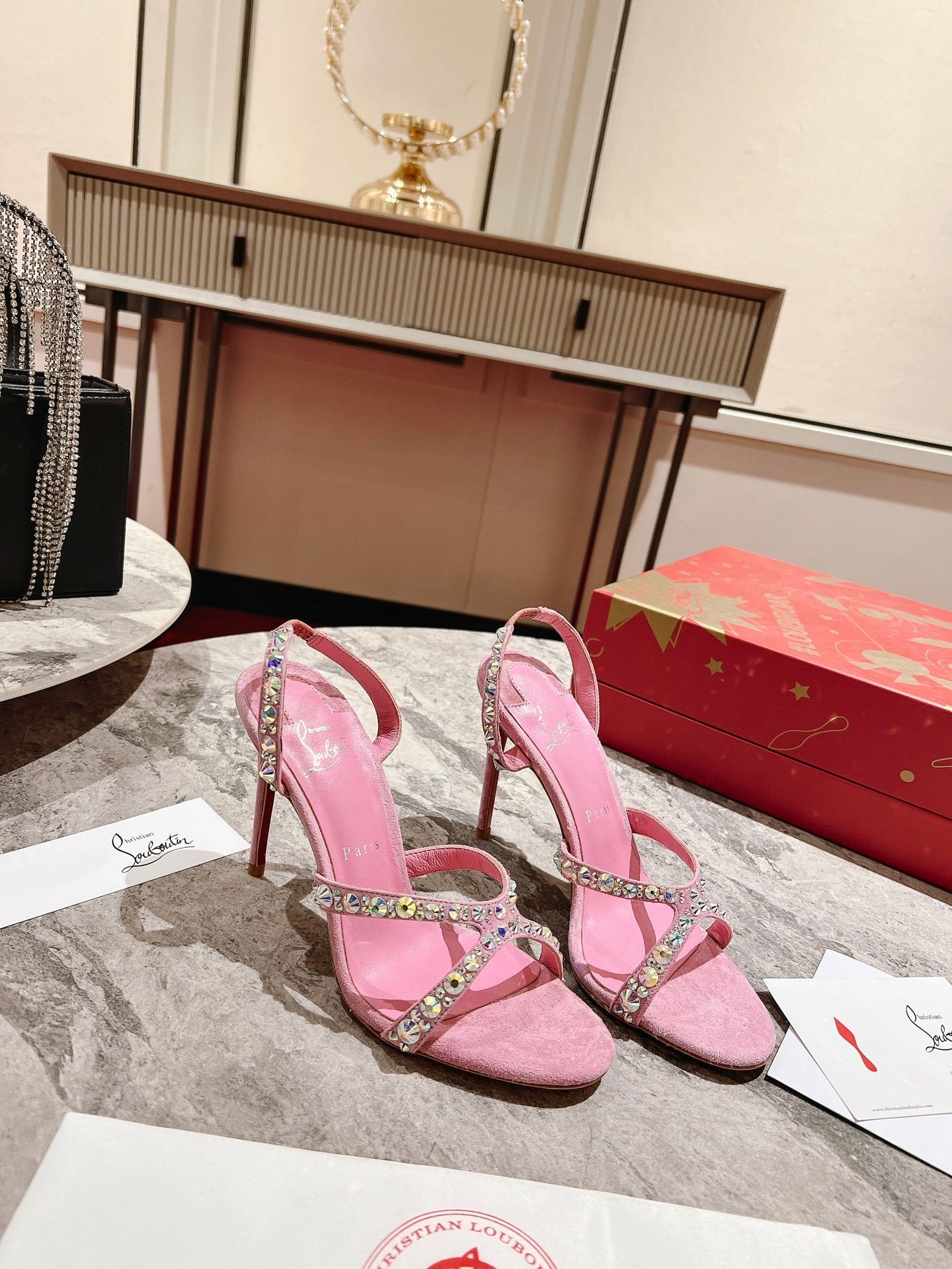 PINK SUEDE RHINESTONE-STRAP SANDAL HEELS