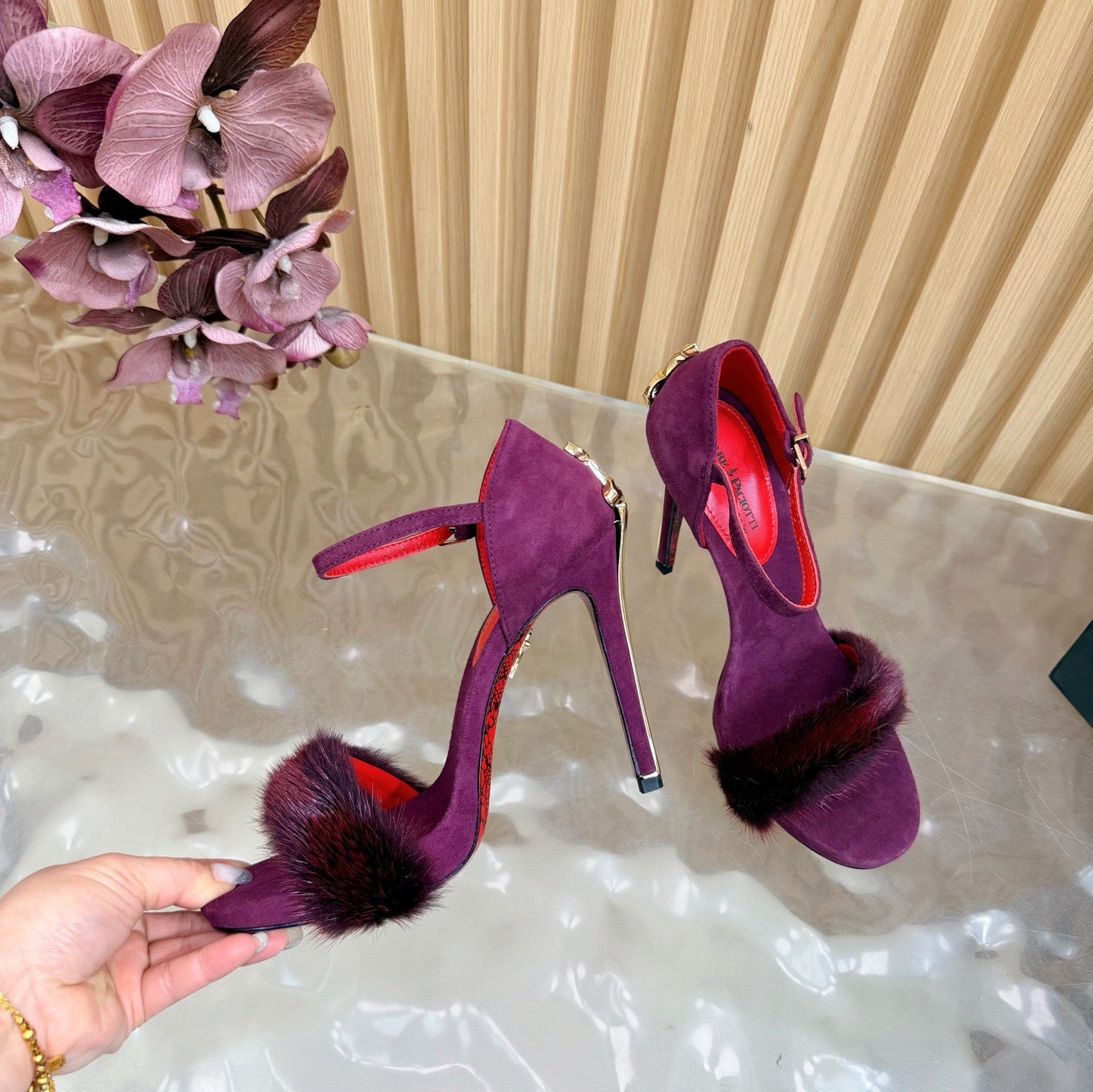 LUXE FUR STILETTO HEELS – PLUM & RED STATEMENT EDITION