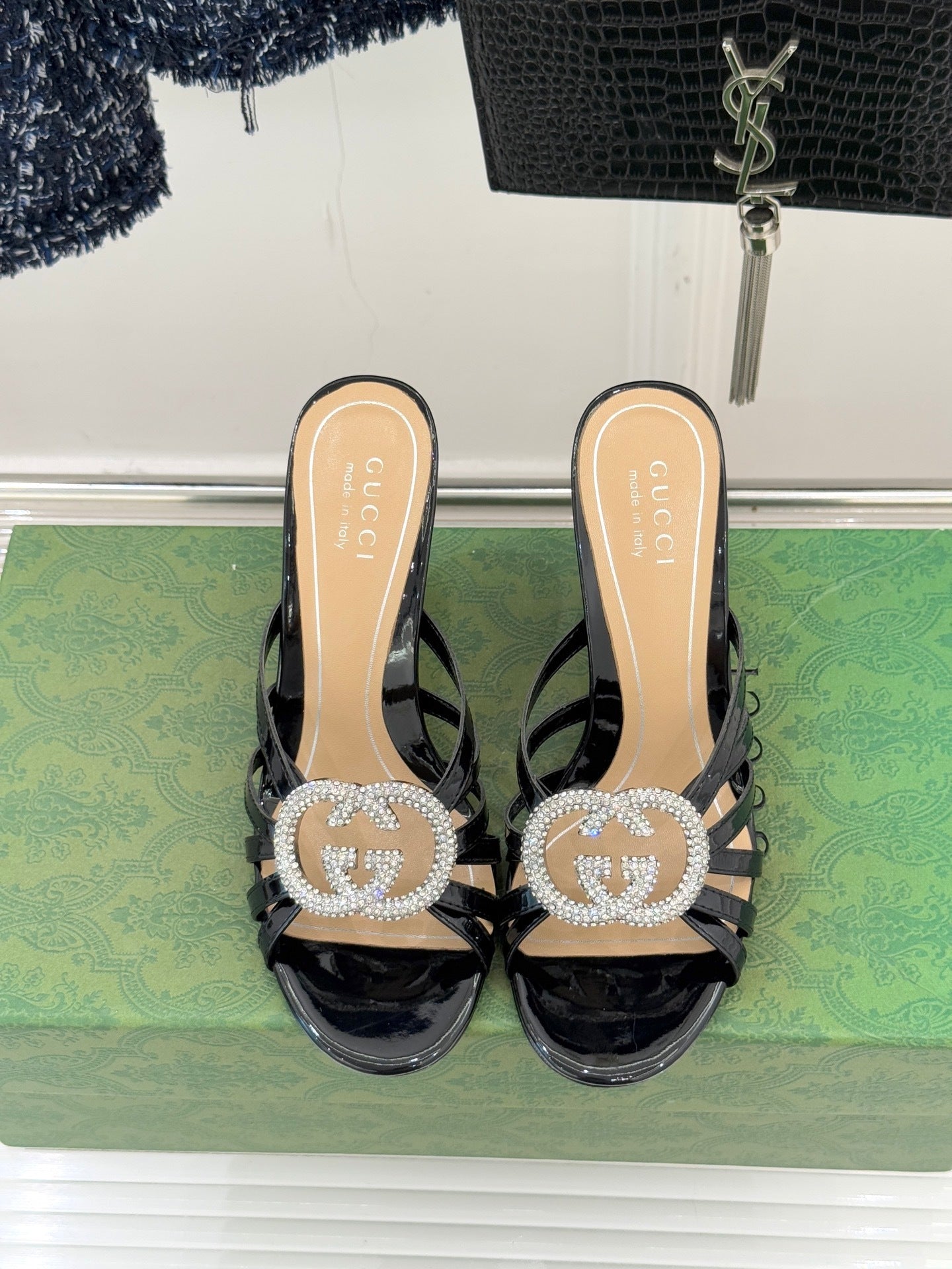 BLACK CRYSTAL BUCKLE HEELED MULES