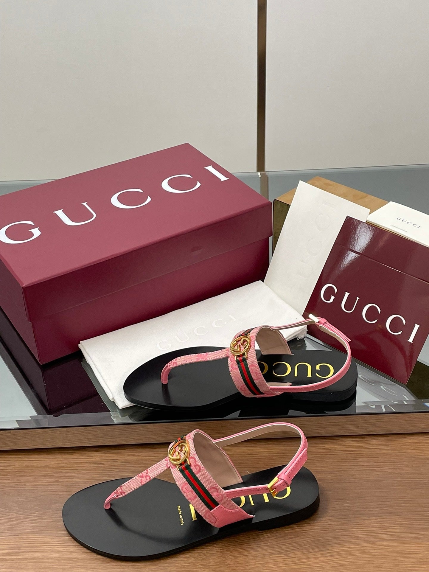 PINK WEB STRIPE LOGO THONG SANDALS