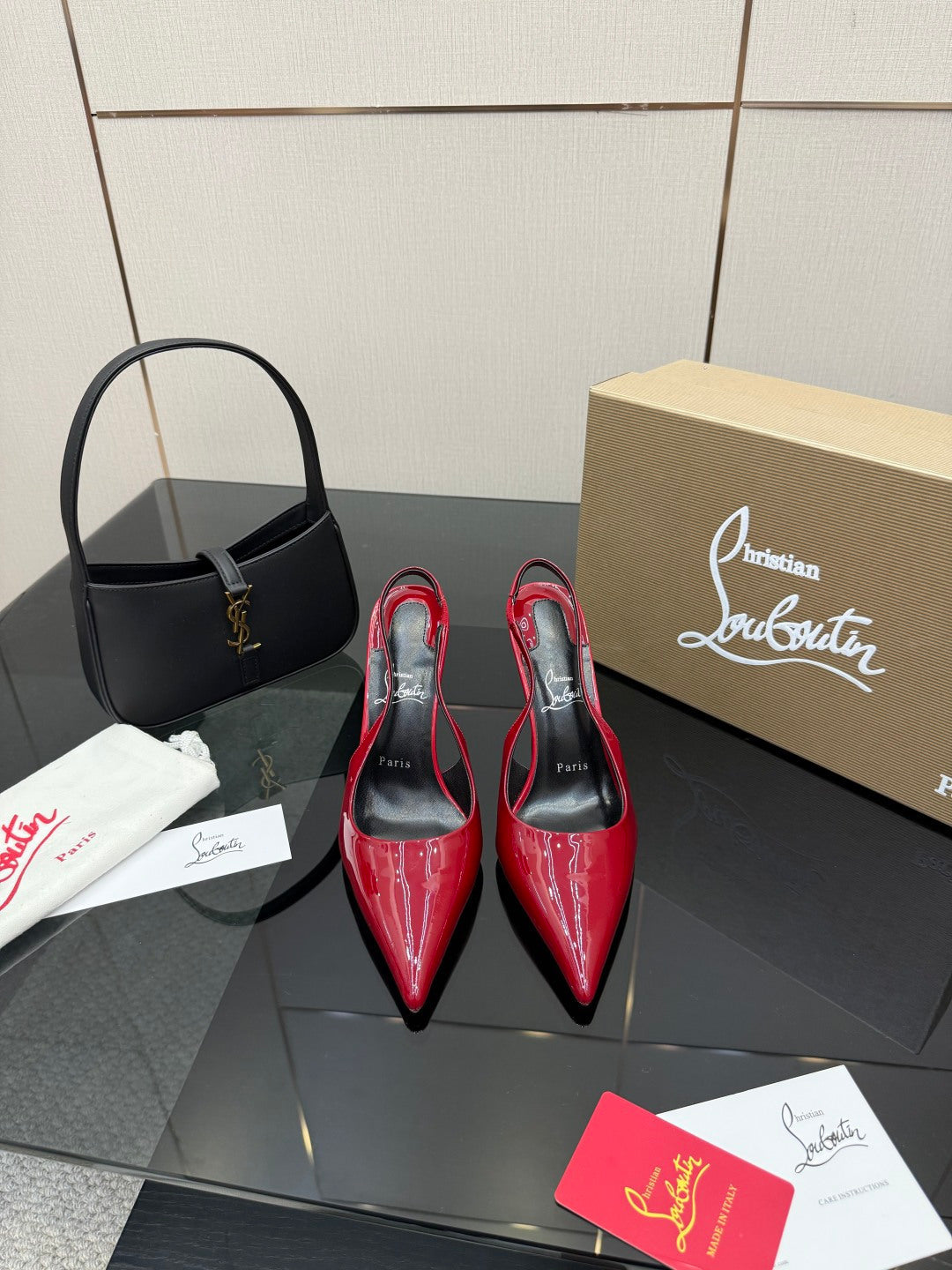 RED PATENT SLINGBACK POINTED HEELS