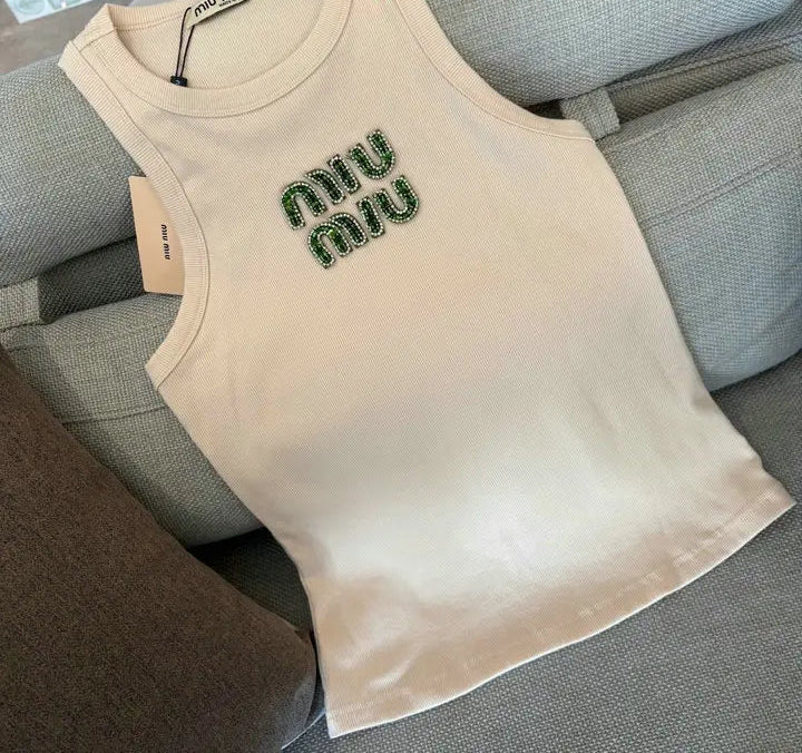EMBELLISHED LOGO RIBBED TANK TOP