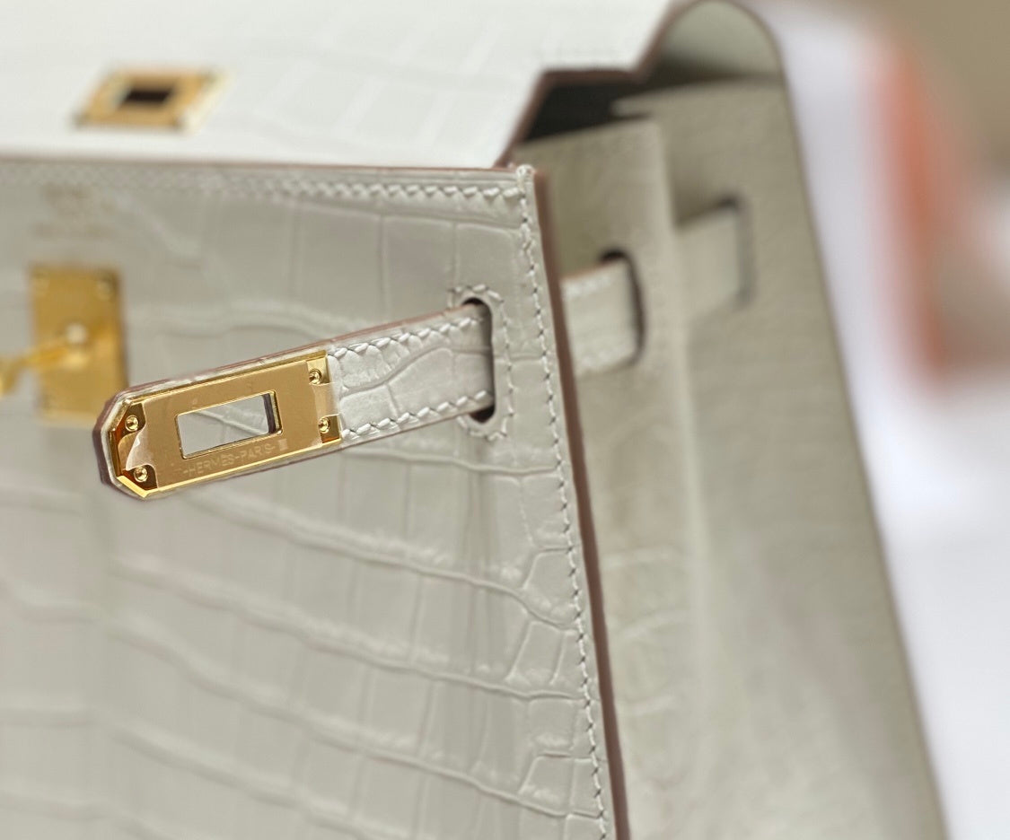 LUXURY WHITE CROCODILE EMBOSSED MINI TOP HANDLE HANDBAG WITH GOLD HARDWARE