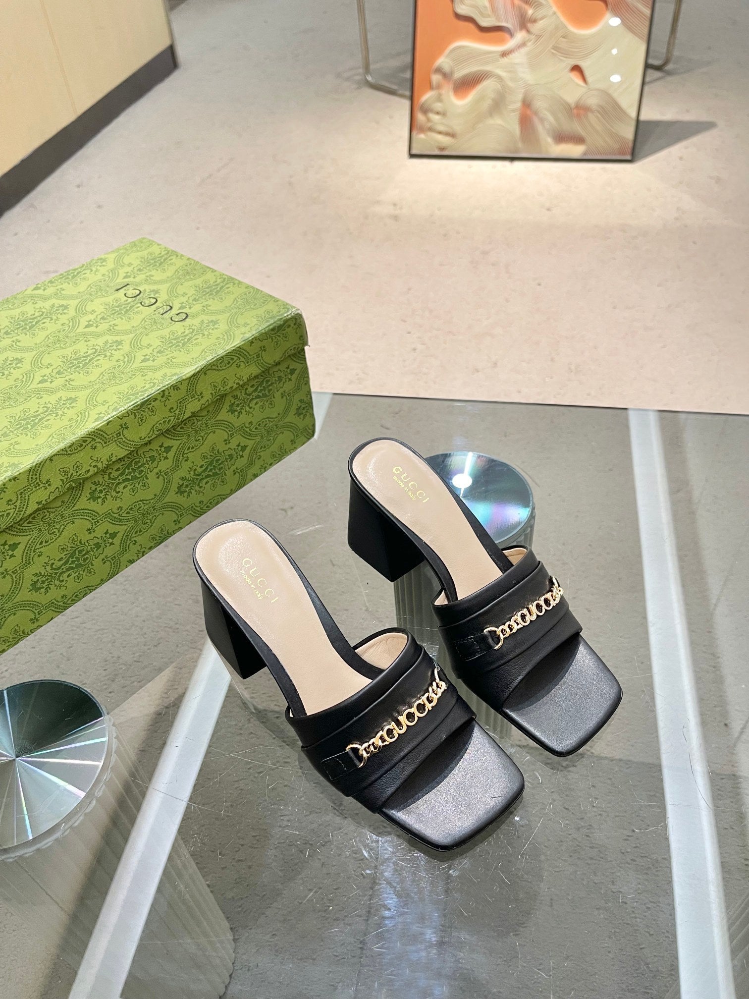BLACK GOLD CHAIN BLOCK HEEL MULES