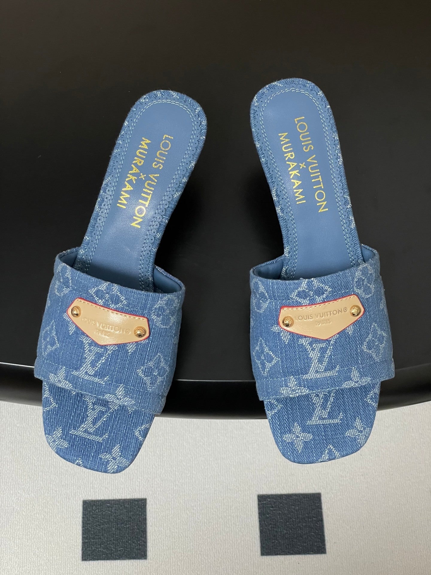 DENIM MONOGRAM MURAKAMI MULES WITH SCULPTED HEEL