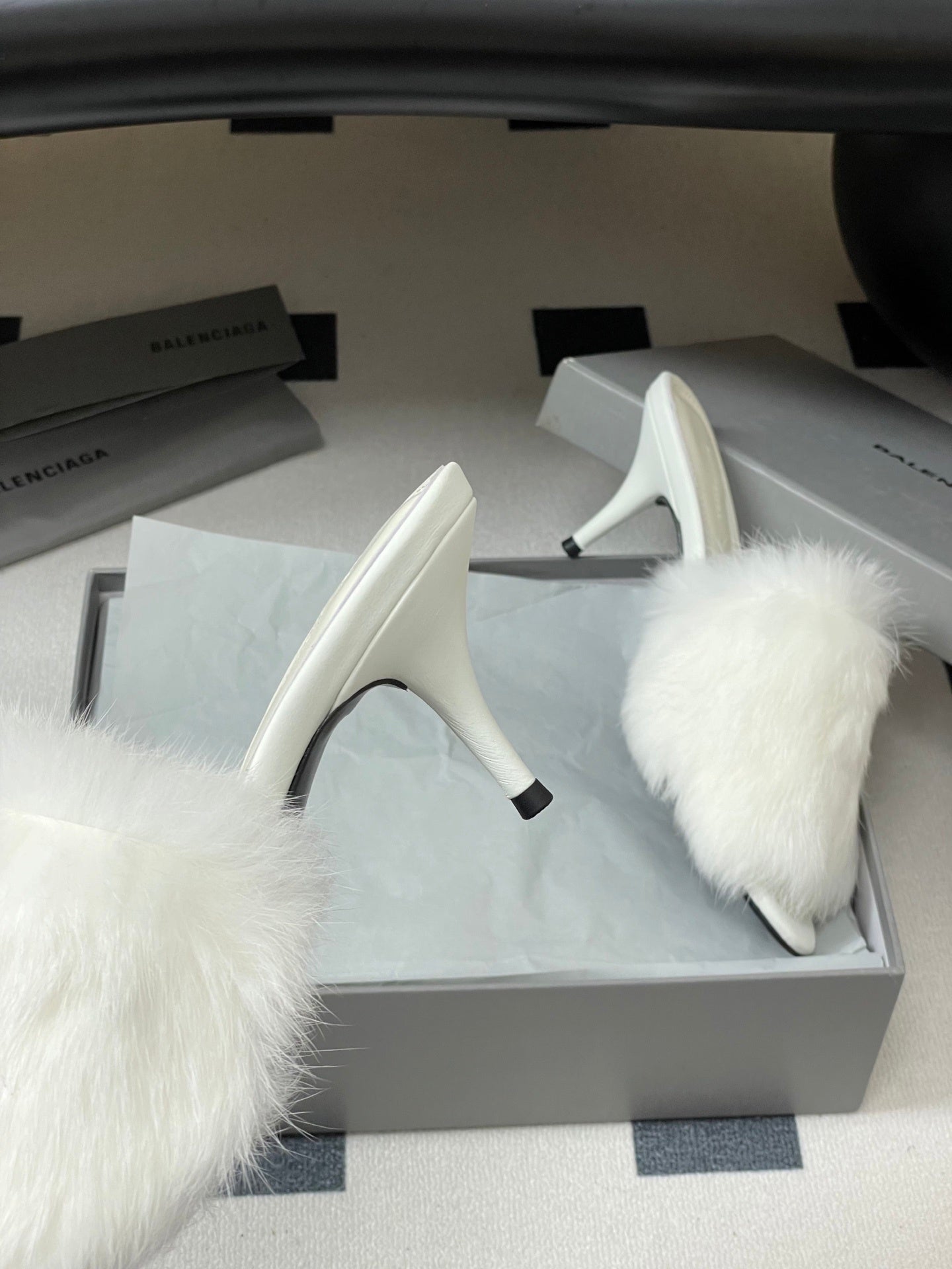 WHITE FUR STRAP MULE HEELS