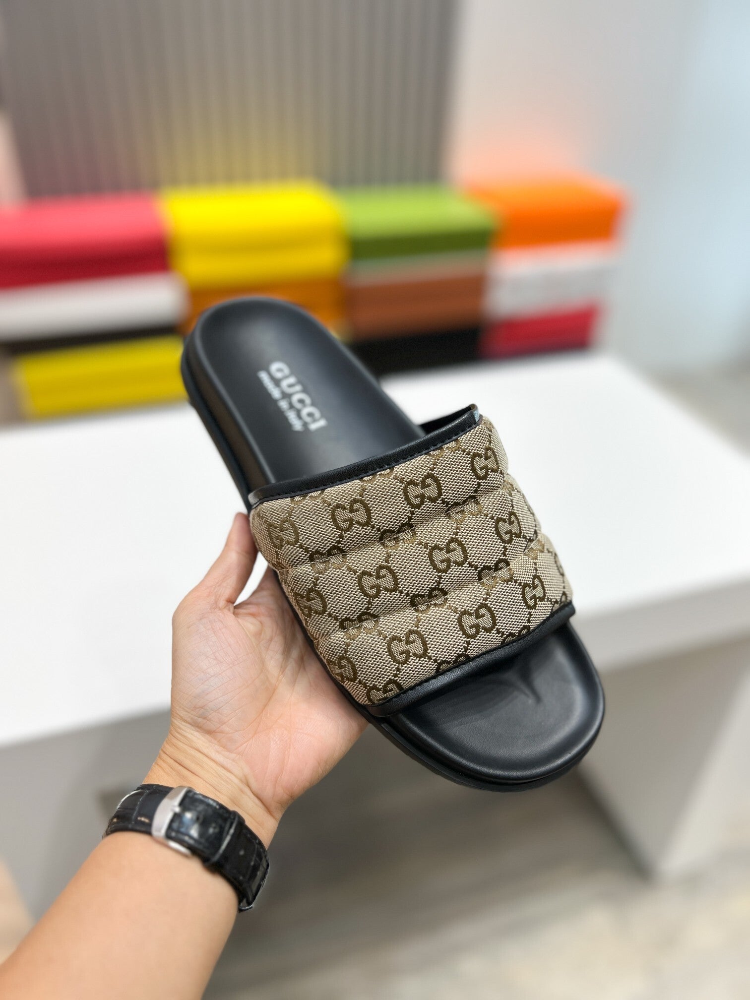 CLASSIC MONOGRAM PADDED SLIDE SANDALS – BEIGE