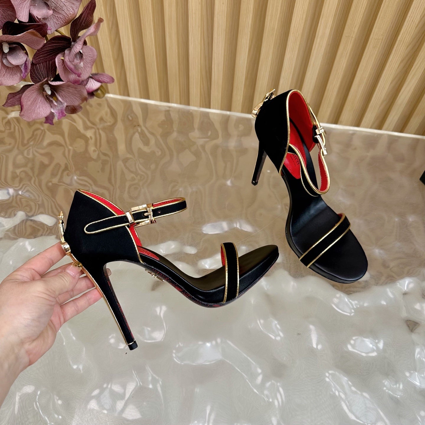 MINIMALIST ANKLE STRAP STILETTO SANDALS – BLACK & GOLD EDITION
