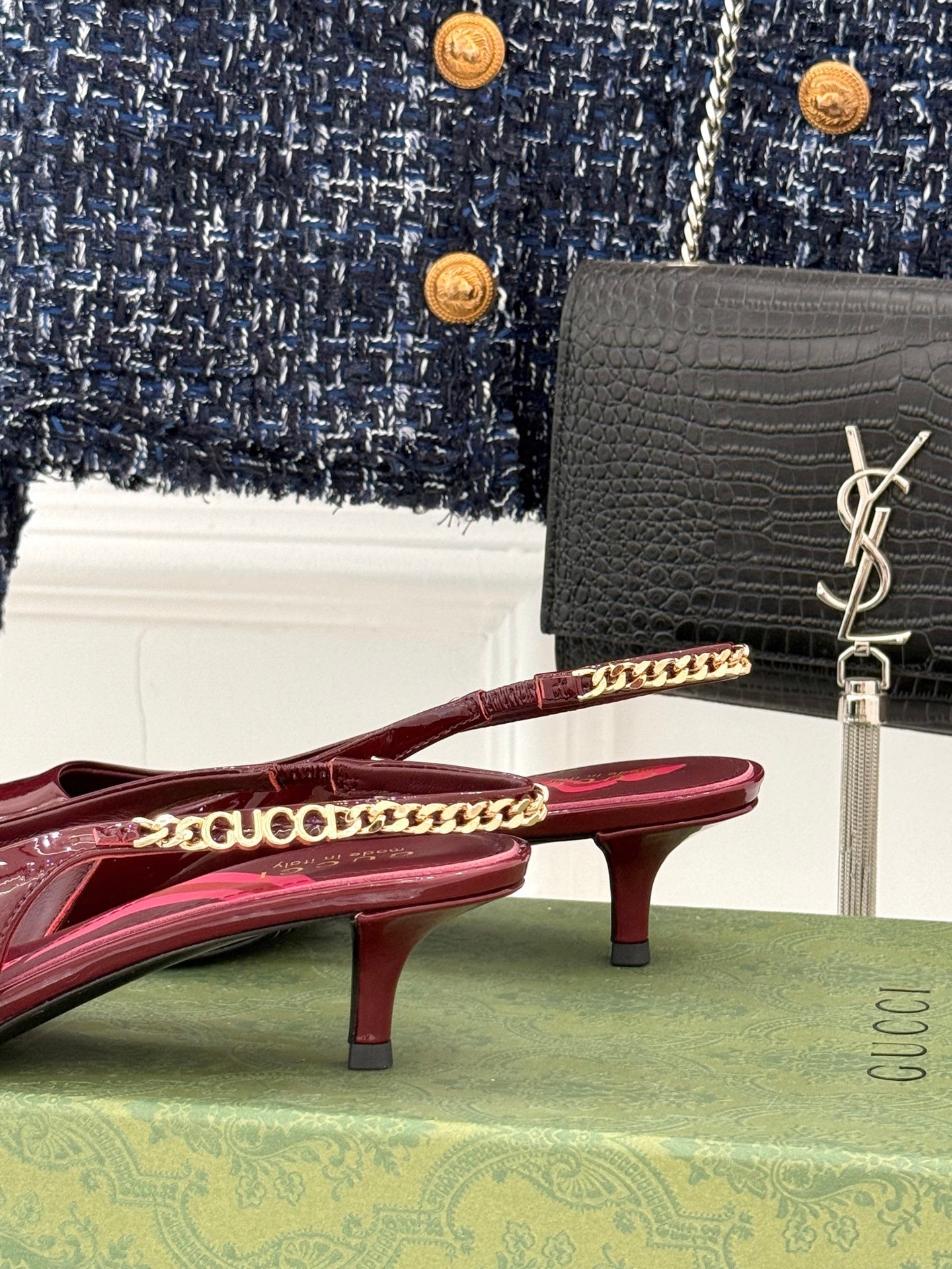 BURGUNDY PATENT CHAIN SLINGBACK HEELS