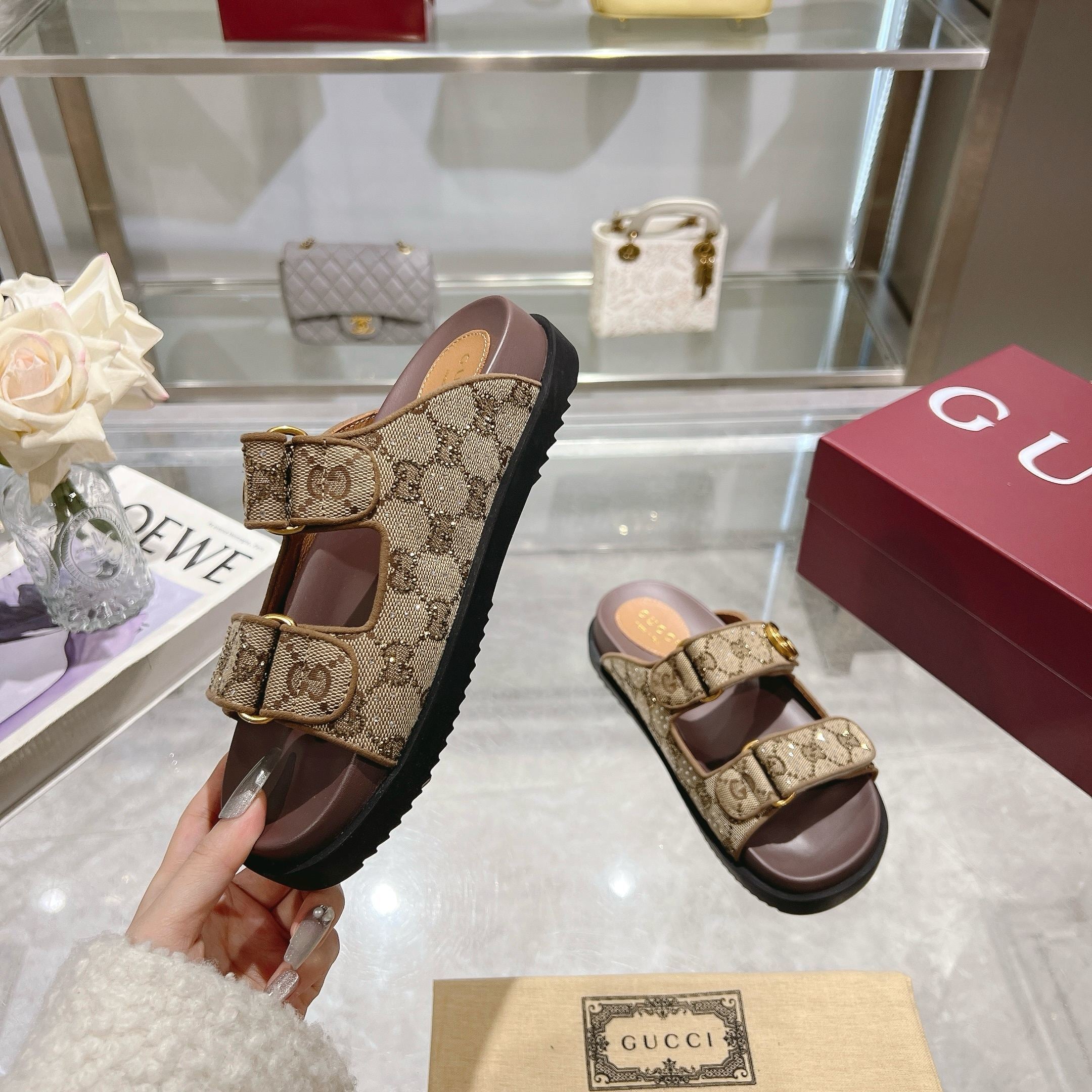 BEIGE MONOGRAM DOUBLE STRAP SANDALS