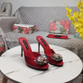 RED GLOSSY MULE HEEL SANDALS WITH MULTICOLOR CRYSTAL EMBELLISHMENT
