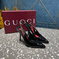 BLACK PATENT CHAIN SLINGBACK PUMPS