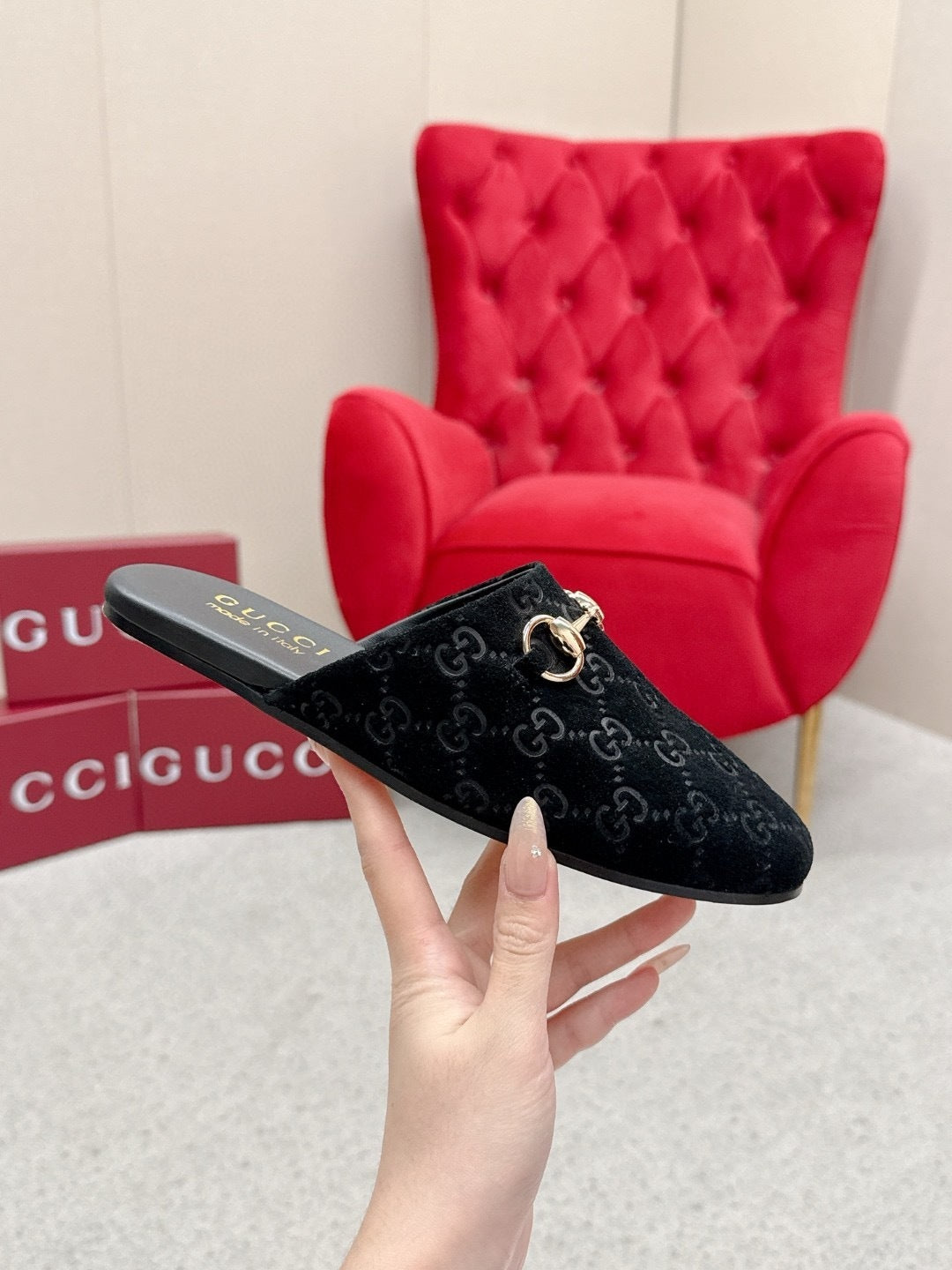 BLACK MONOGRAM VELVET HORSEBIT MULES
