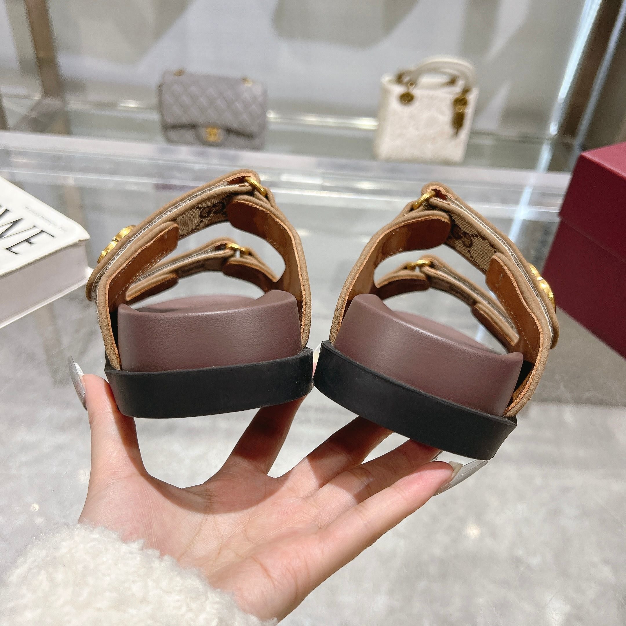 BEIGE MONOGRAM DOUBLE STRAP SANDALS