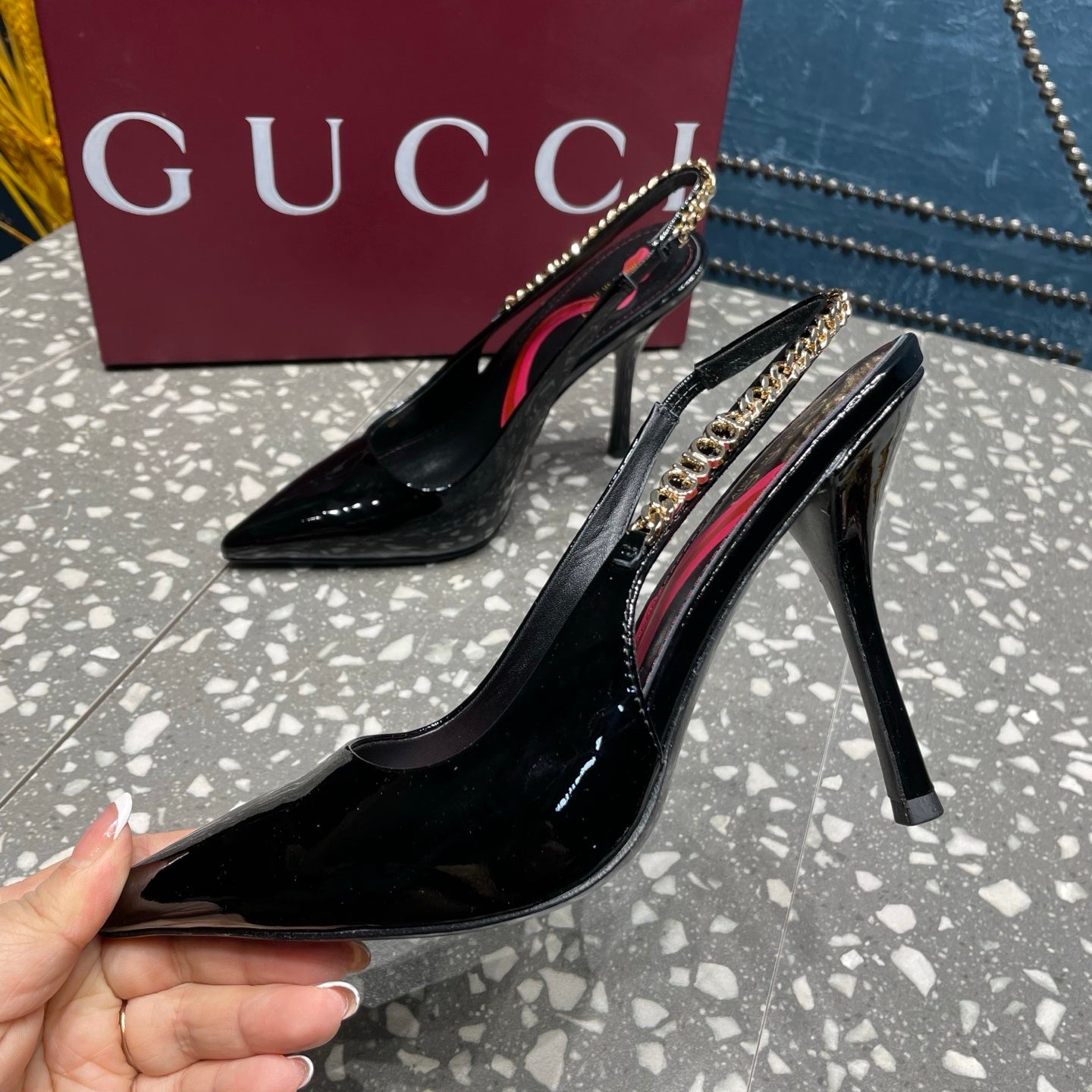 BLACK PATENT CHAIN SLINGBACK PUMPS